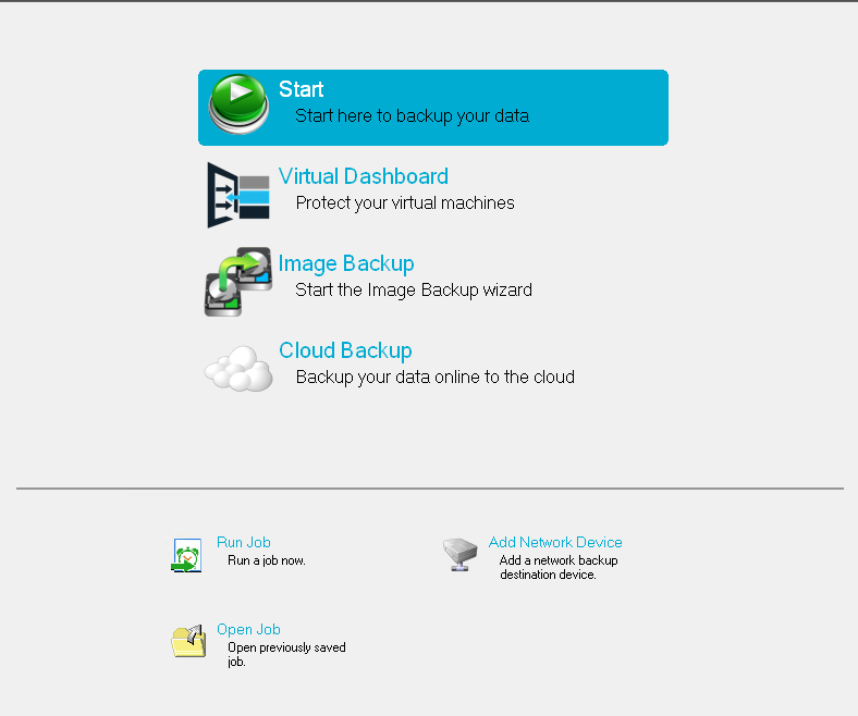 SecureStore software showing cloud backup, image backup, job execution, and network backup destination options